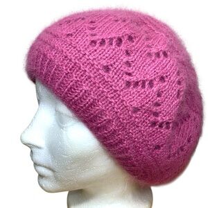 Pink Angora Fur Beret Knit Hat Made Italy Reversible Boho Fuzzy Slouchy OS